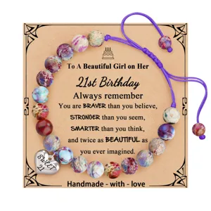 Handmade Imperial Jasper Beaded Adjustable Bracelet with Birthday Card and Heart Charm