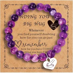 Natural purple stone beaded bracelet with engraved heart pendant on message card gift for women
