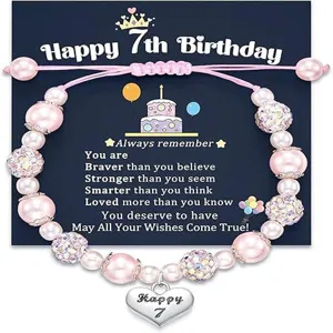 Pink pearl beaded bracelet with rhinestones, heart charm and birthday greeting card gift.