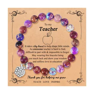 Pulsera de cuentas de piedra natural para profesor con dije de manzana de estrás regalo de graduación.