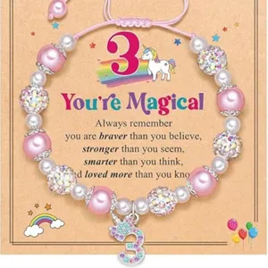 Handmade Braided Unicorn Pendant Bracelet Pink Pearl Rhinestone Beaded Bracelet Women Fashion Jewelry Gift