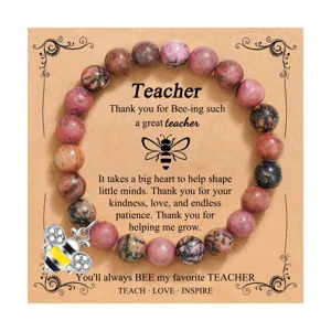 Pulsera de cuentas de piedra natural con abeja, excelente regalo de agradecimiento para profesor.