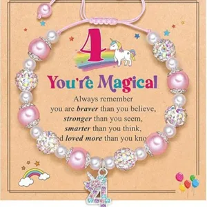Handmade unicorn pearl beaded bracelet with card for kids, cute pink charm jewelry gift.