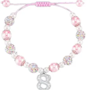 Handcrafted pink pearl braided bracelet with sparkling rhinestones and a number 8 pendant