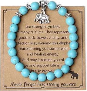 Turquoise bead bracelet with silver elephant charm on display card for women daily wear