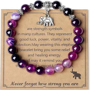 Natural Stone Purple Agate Beaded Bracelet With Elephant Charm And Card Gift For Her