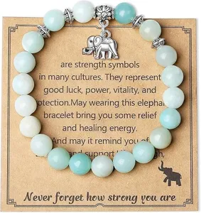 Detailed view of an 8mm natural stone beaded bracelet featuring a silver elephant charm on card.