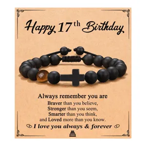 Pulsera de Piedra Natural Ojo de Tigre Obsidiana Tejida a Mano con Colgante de Cruz Regalo de Joyería de Cumpleaños para Hombres