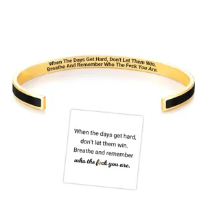 Engraved inspirational quote open cuff stainless steel bracelet detail view, motivational gift.