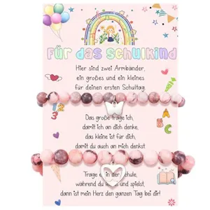 Pink beaded bracelet set with butterfly and heart charms for school girl gift card display