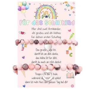Back-to-school matching pink beaded bracelet set for kids and moms with cute card.