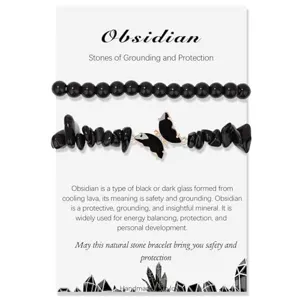 Natural obsidian crystal stone beaded bracelet set with cute butterfly charm for women