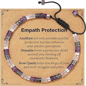 Natural crystal bead bracelet with healing stones and card, adjustable wrap design for women.