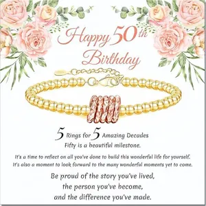 Gold beaded bracelet with five rose gold rings for 50th birthday gift milestone women jewelry