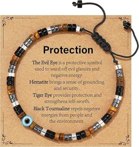 Evil eye bead bracelet natural stones, adjustable cord, healing energy jewelry gift for women.