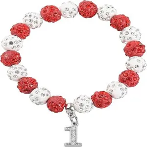 Red white rhinestone disco ball bead bracelet with number 1 charm for sports fans and gifts.