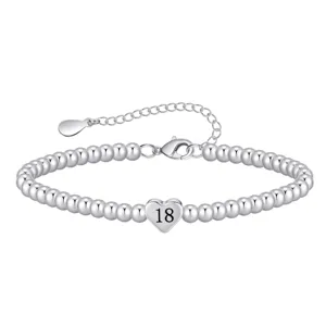 Silver bead bracelet with 18 heart charm adjustable chain birthday gift for women detail