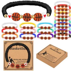Close-up detail of colorful clay bead bracelets featuring basketball charms and display cards.