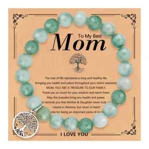 Bracciale con perle di pietra verde festa della mamma con ciondolo albero della vita.