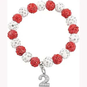 Red white rhinestone bead bracelet with number 2 charm sports baseball jewelry gift