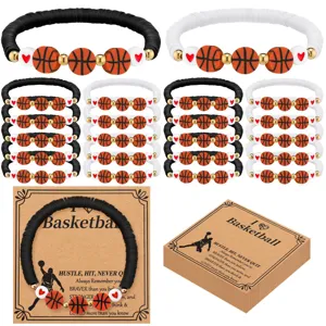 Set of 24 stackable basketball beaded bracelets with clay beads and sports charms for fans.