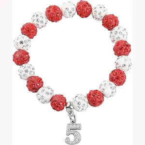 Red and white rhinestone beaded bracelet with number 5 charm, 10mm clay sports athletic accessory.