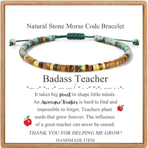 Natural Stone Morse Code Beaded Wrap Bracelet Adjustable Braided Cord Inspirational Message Jewelry Gift For Women