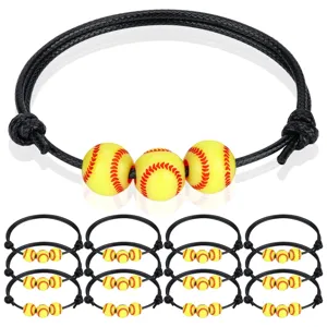 24pcs sports beaded bracelets stackable softball charm black braided rope bracelets