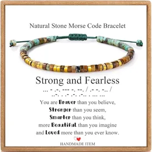 Natural stone Morse code beaded adjustable bracelet with inspirational card gift for women