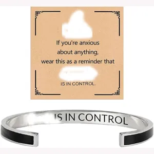 Detailed view of the stainless steel inspirational cuff bracelet with engraved encouraging quote.