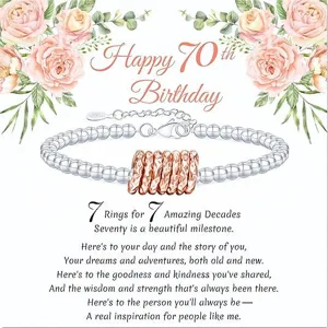 70th Birthday Bracelet Silver Bead Chain with Seven Rose Gold Rings Gift for Women