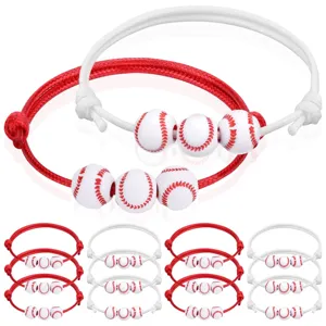Baseball charm beaded bracelets set, stackable woven sport bracelets detail display.