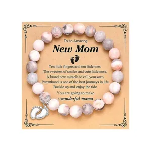 Bracciale di Perle in Pietra Naturale per la Festa della Mamma Con Ciondolo Impronta e Biglietto d'Auguri Regalo Gioielli Donna
