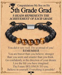 Pulsera de cuentas de graduación para niños, cuentas negras mate con ojo de tigre y acero.