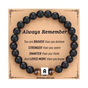 Bracelet de Perles pour Hommes en Obsidienne et Œil de Tigre Charm Lettre Initiale en Acier Inoxydable Bijou de Pierre Précieuse