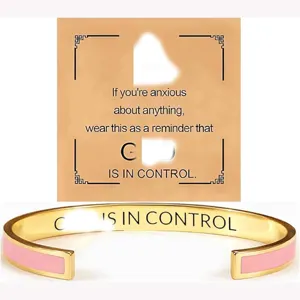 Stainless steel inspirational open cuff bracelet with pink enamel and engraved motivational text