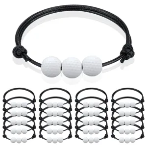 Detailed view of stackable sports bead bracelets featuring golf ball charms on black cords.