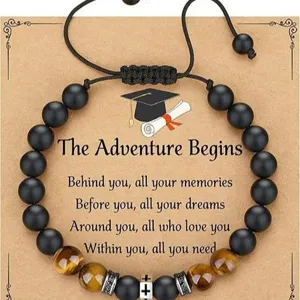 Pulsera de Cuentas Tejida a Mano con Piedra Ojo de Tigre y Cruz de Acero Inoxidable Regalo Unisex de Graduación y Cumpleaños