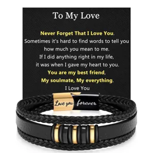 Men multi-layer braided leather bracelet with stainless steel magnetic clasp and message card.
