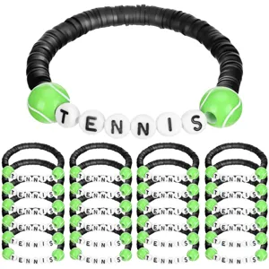 Tennis theme clay beads stackable bracelet set featuring black and green sports design.