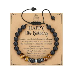 Pulsera de cuentas de ojo de tigre y negras mate cruz de acero inoxidable hecha a mano