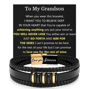 Men multi-layer braided leather bracelet with stainless steel magnetic clasp and gift card.