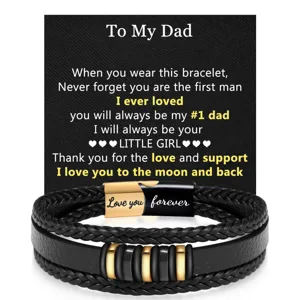 Men's multi-layer braided leather bracelet with stainless steel clasp and message card detail.