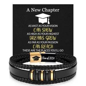 Men's multi-layer braided leather bracelet featuring stainless steel clasp for graduation gift.