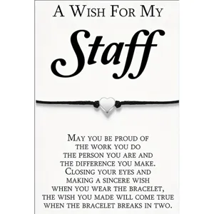 Wish bracelet with silver heart charm and inspirational staff card, black braided cord gift.
