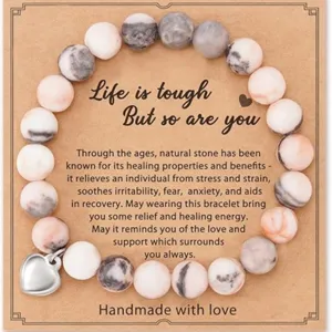Natural stone beaded bracelet with heart charm on inspirational card for women healing energy