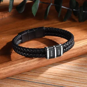 Personalized engraved mens braided leather bracelet with custom name beads for men gift