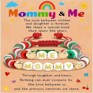 Matching Mommy and Me beaded bracelets set with colorful clay beads and sweet letter charms.