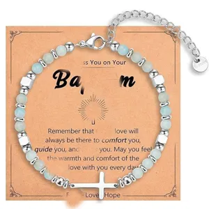 Bohemian natural stone beaded cross bracelet with stainless steel components and display card.