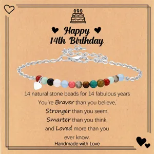 Pulsera de cumpleaños de cuentas de piedra natural colorida con tarjeta regalo para mujer.